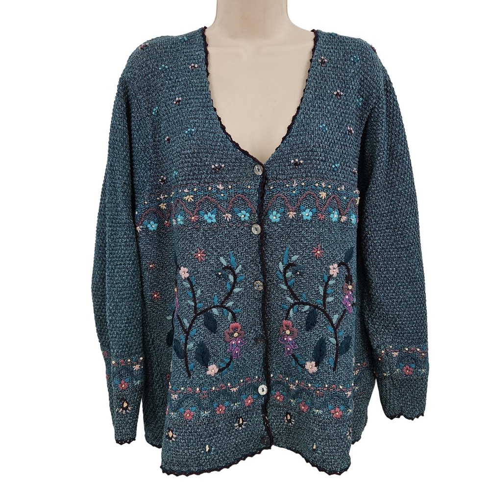 VTG TanJay Cardigan‎ Sweater Women M Blue Floral Embroidery Button Grandmacore